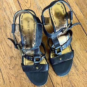 Nine West black leather wedge sandals. EUC